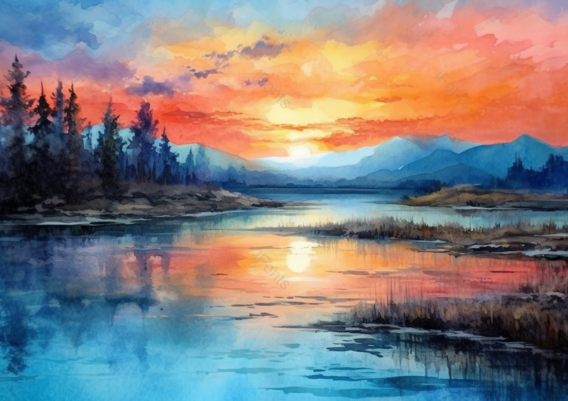 早上的太阳光照亮森林中树木和湖泊湖面倒映林木光线风景插画,插画/手绘图,插画/手绘图库,插画/手绘图下载,插画/手绘